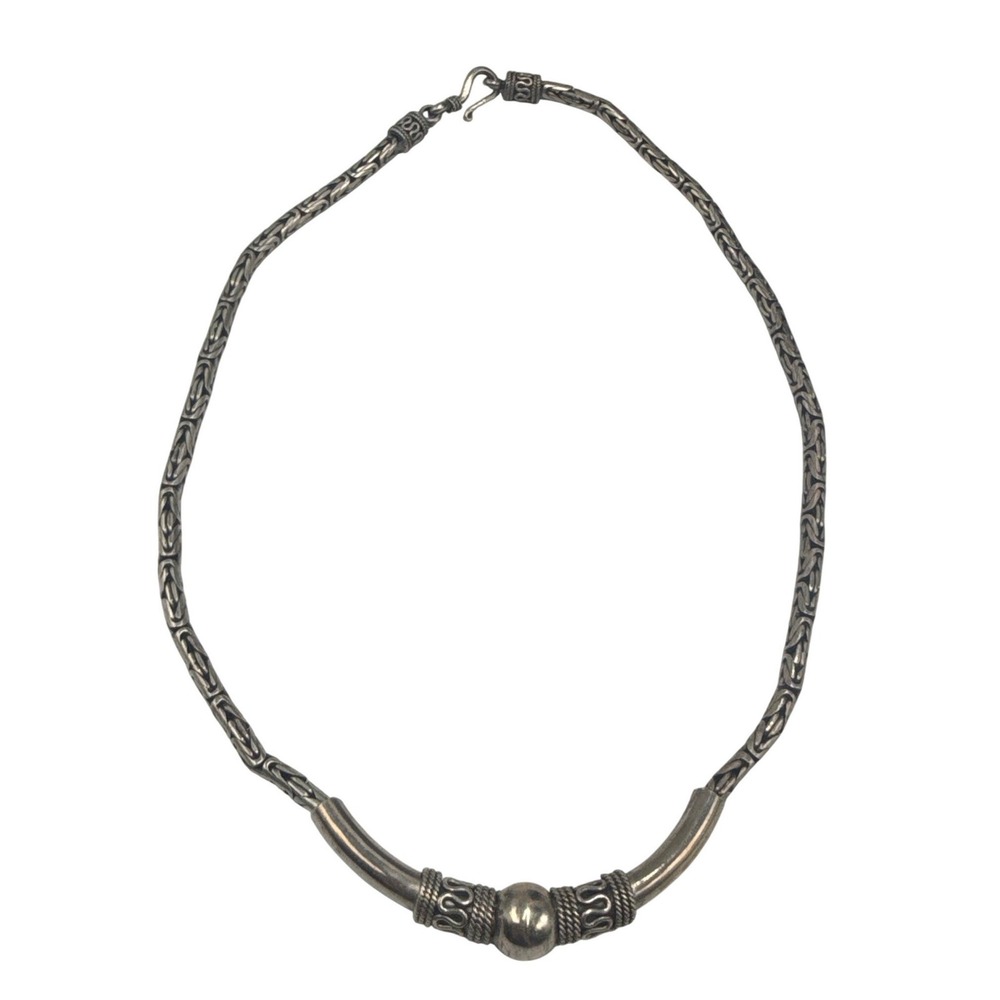 Sterling Silver 925 Byzantine Chain Necklace Curved Bar Scrollwork 17.5 Inch